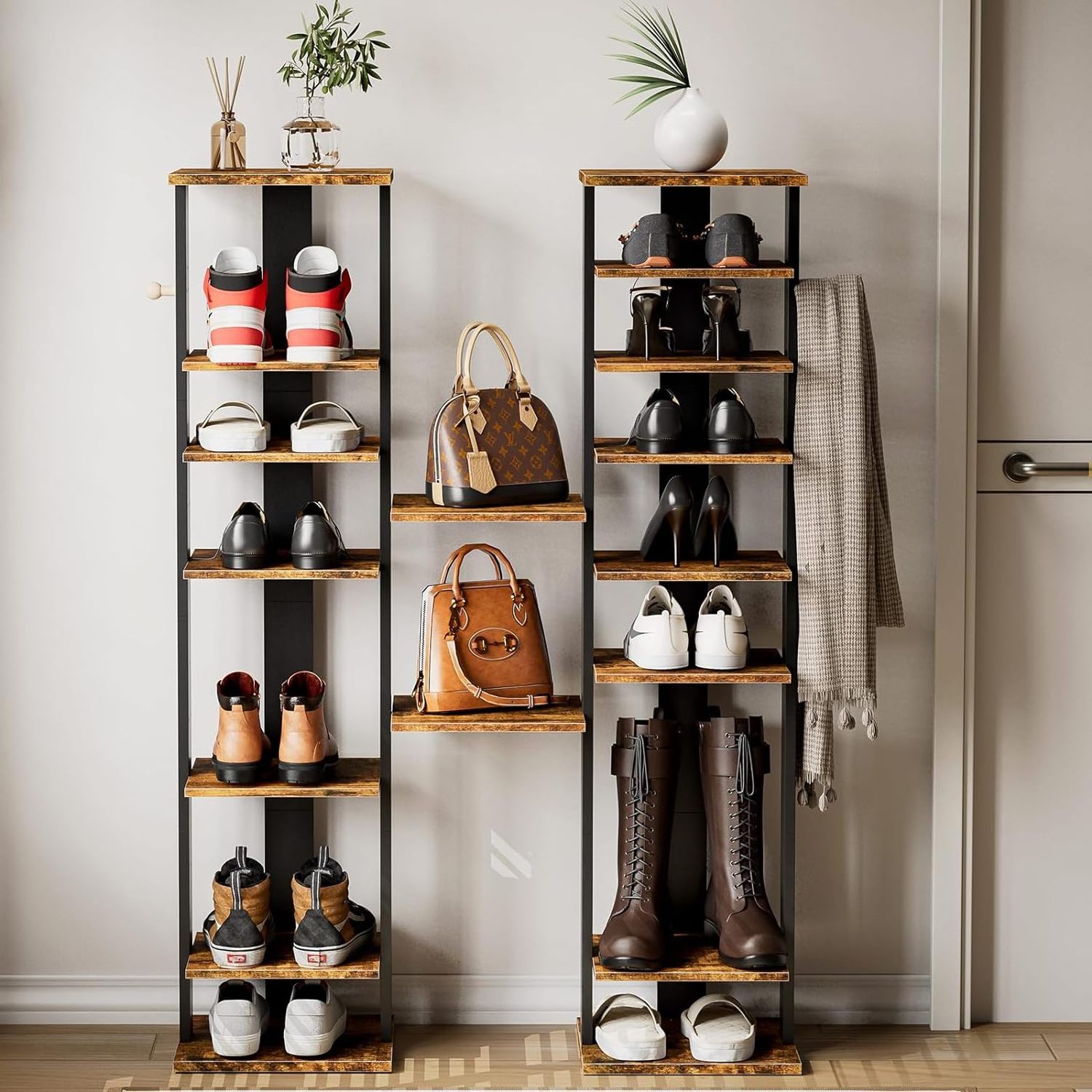 9 Tier shoe rack with hangers Tall Shoe Tower,shoes rack stand organizer with wood