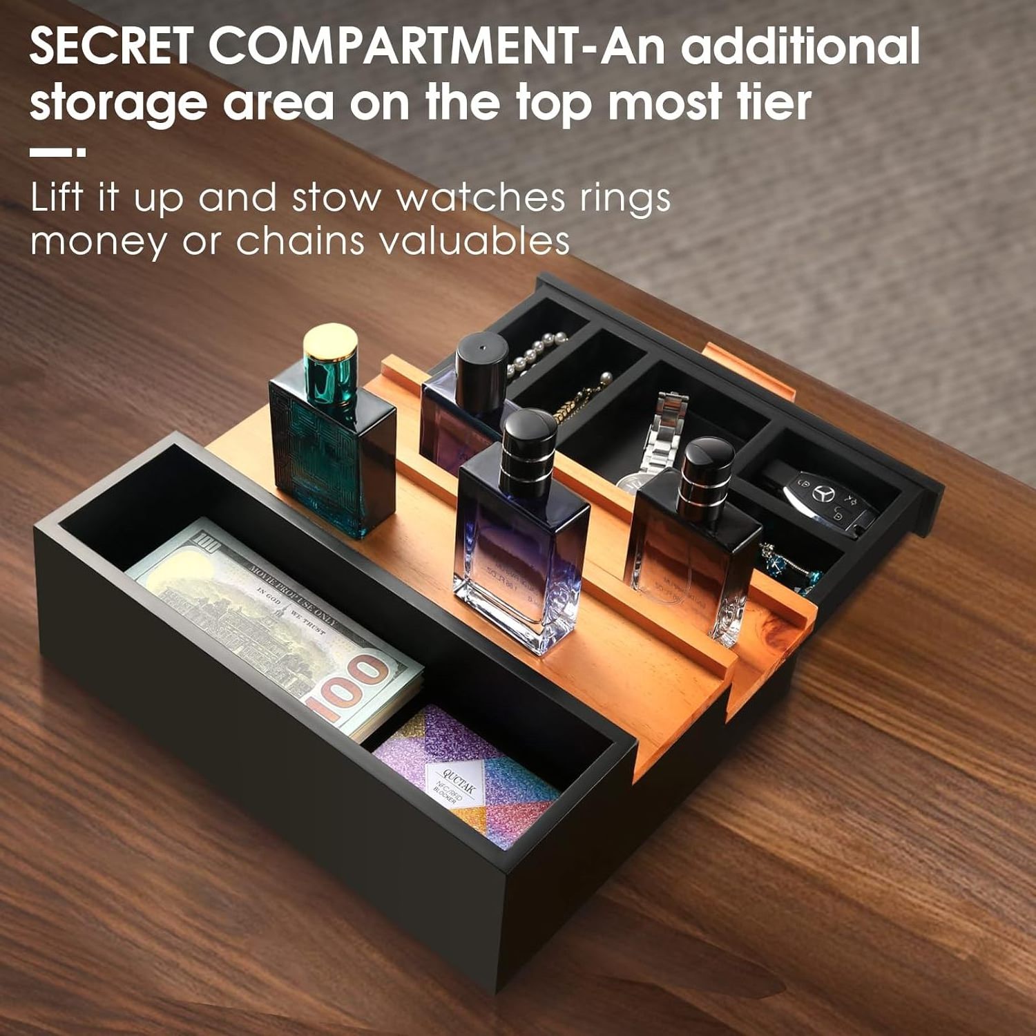 Wooden Cologne Organizer for Men 3 Tier Elevated Perfume Display Shelf with Drawer and Hidden Compartment