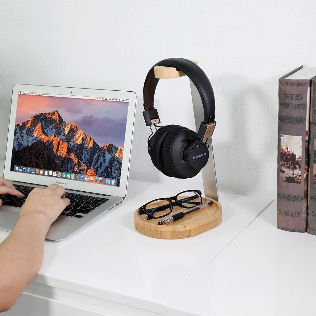 Universal Wooden & Aluminum Headphone Stand Hanger with Cable Holder, Sturdy Desk Headset Mount Rack