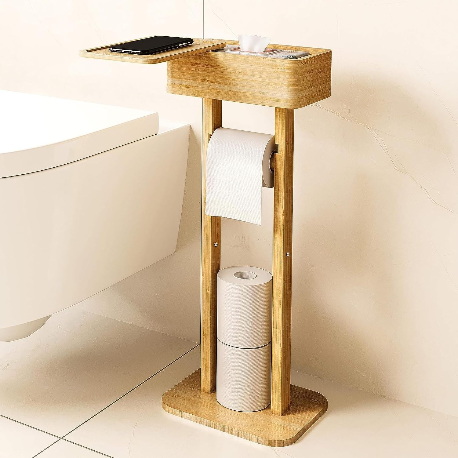 4-in-1 Toilet Paper Holder Stand with Storage Shelf Box, Bamboo Free Standing Toilet Tissue Paper Roll, Toilet Wipes Dispenser