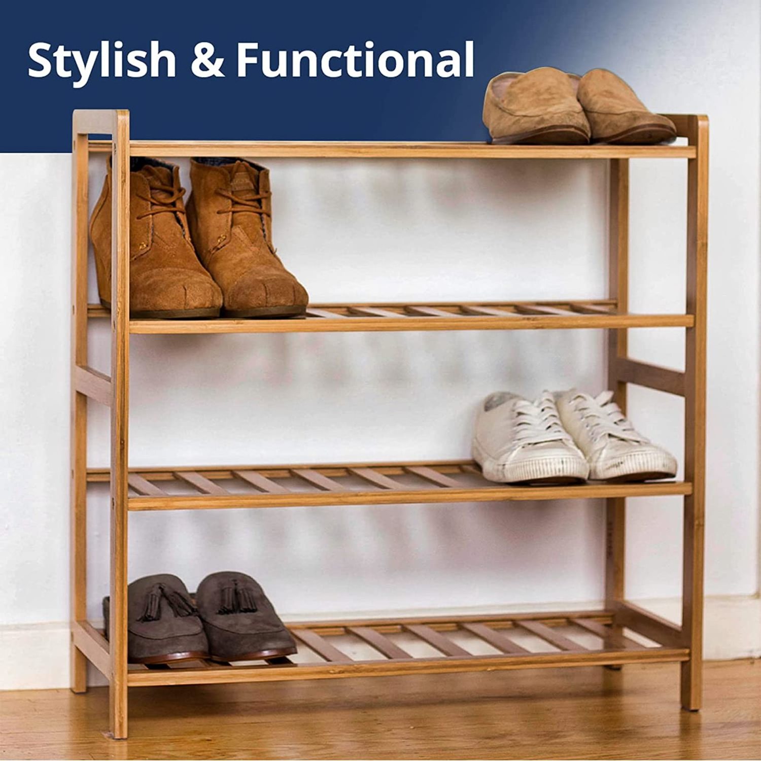 Industrial Shoe Rack for Entryway Closet, 2 Tier Small Shoes Rack Organizer Wooden Rustic Shoe Shelf with Metal Tube, Free Stand