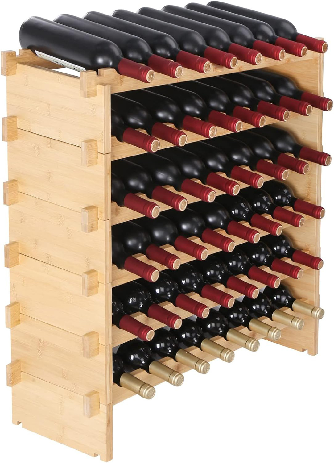 48 Bottle Stackable Modular wine rack wood, 6-Tier Solid bamboo wine rack, Floor Freestanding wood wine rack