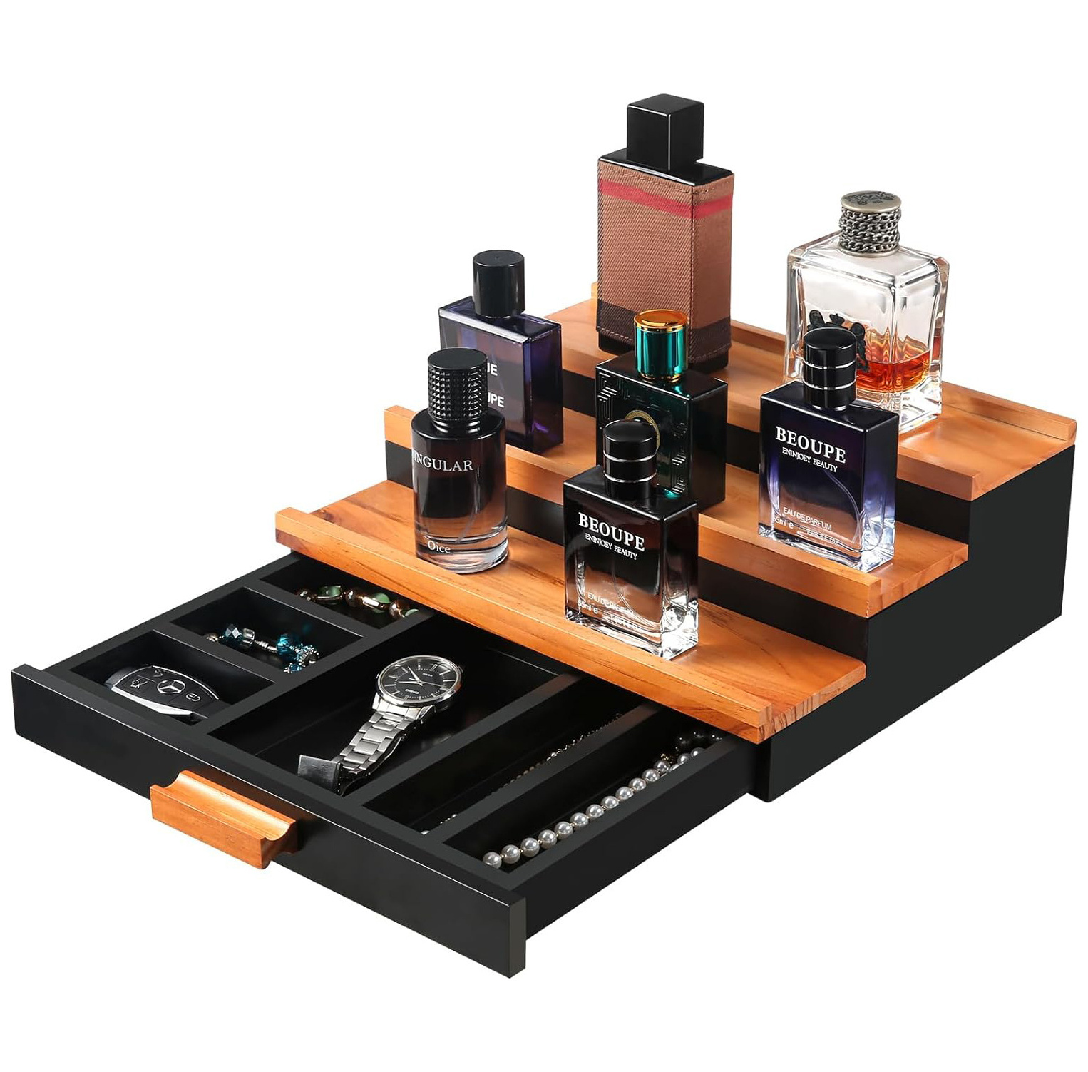 Wooden Cologne Organizer for Men 3 Tier Elevated Perfume Display Shelf with Drawer and Hidden Compartment