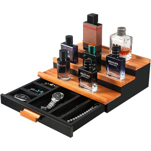 Wooden Cologne Organizer for Men 3 Tier Elevated Perfume Display Shelf with Drawer and Hidden Compartment