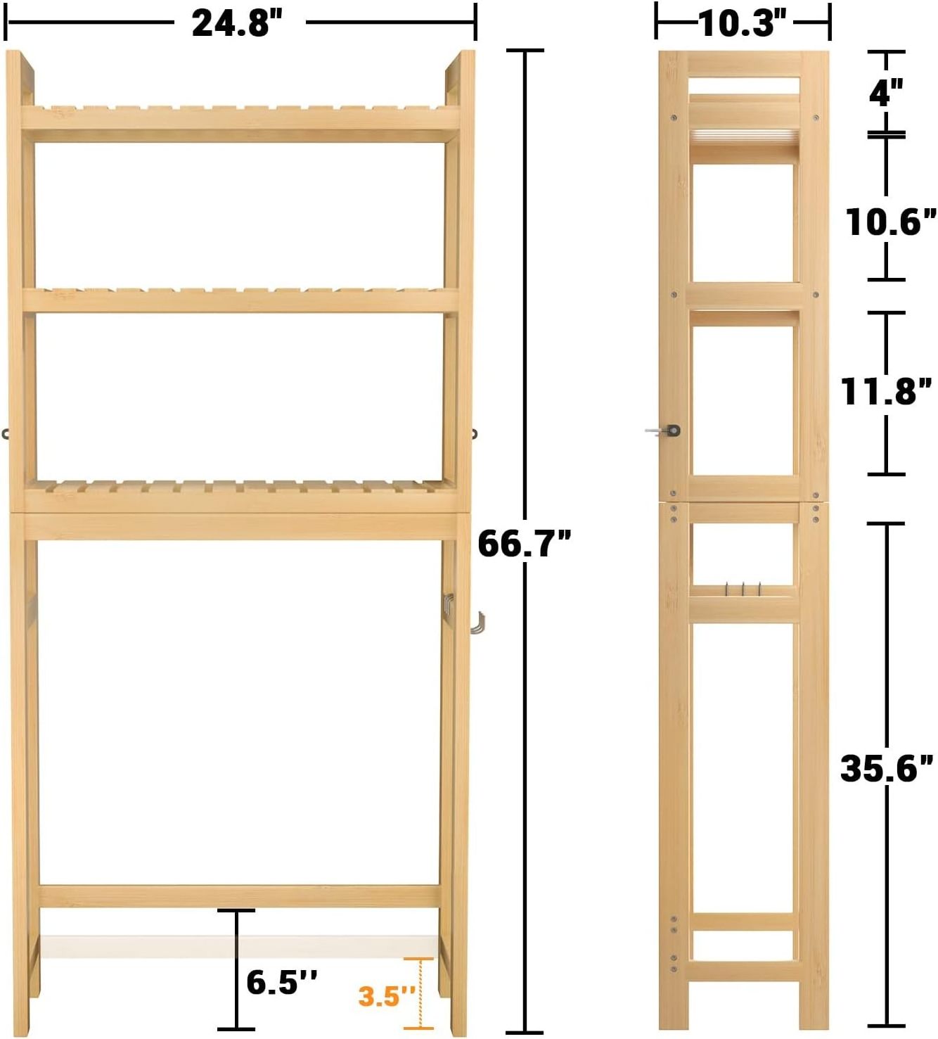 Over The Toilet Storage, 3-Tier Bamboo Bathroom Shelf with 3 Hooks, Above Toilet Organizer Rack Freestanding for Small Space, Re