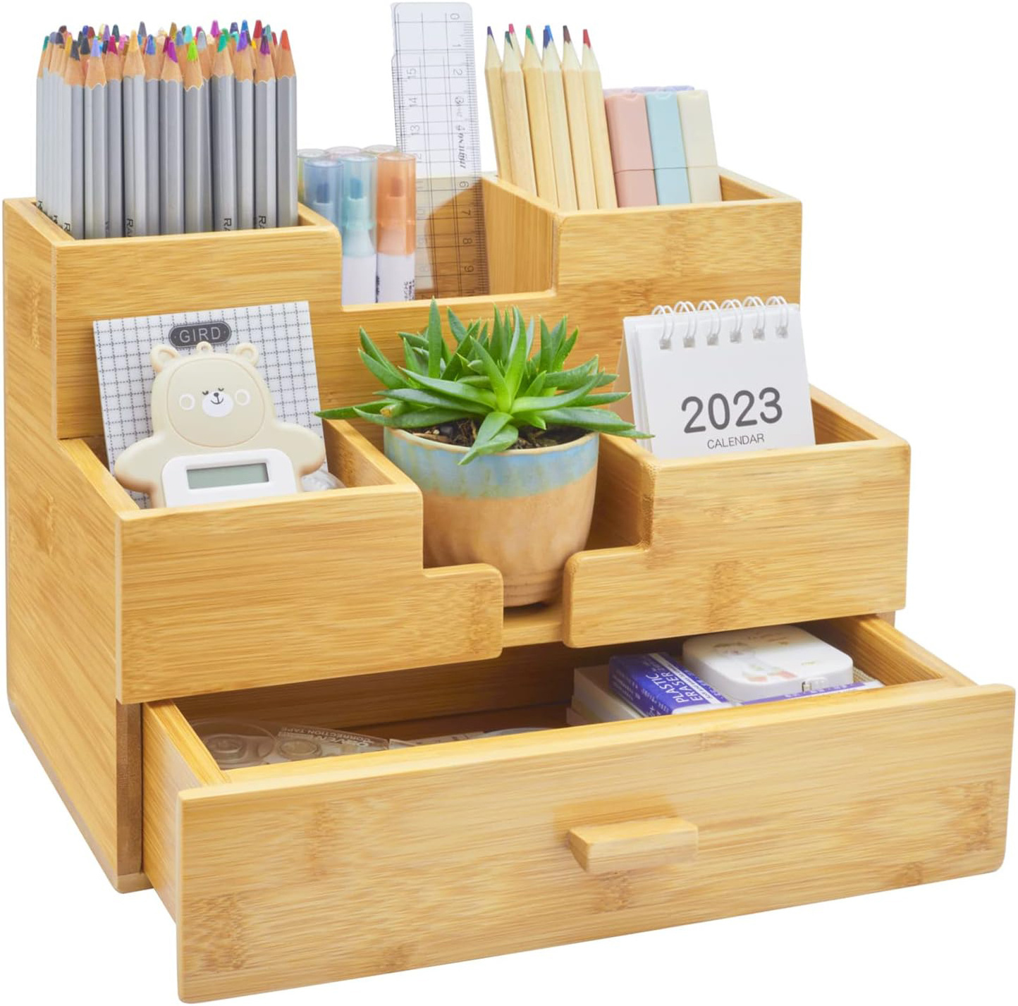 Bamboo desk organizer with Drawers - Wooden office desk organizer - Table Top Organizer for Office Supplies