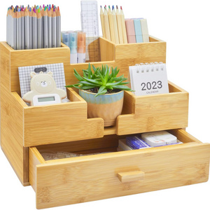 Bamboo desk organizer with Drawers - Wooden office desk organizer - Table Top Organizer for Office Supplies