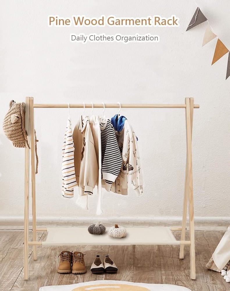 Rack clothes with Bottom Storage Shelf, Pine Wood, wooden hanging clothes rack for Kids