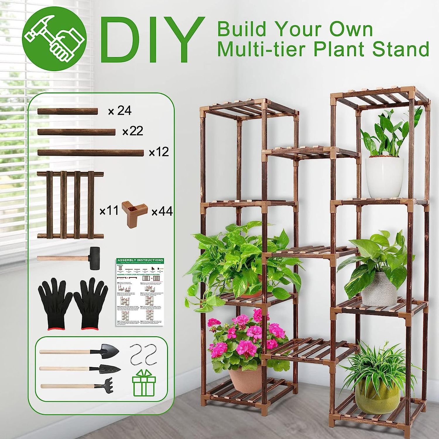 Plant Stand Indoor Outdoor, Large Tall Wood Plant Shelf for Multiple Plants, 3 Tiers 11 Potted Plant Display Rack Flower Stand