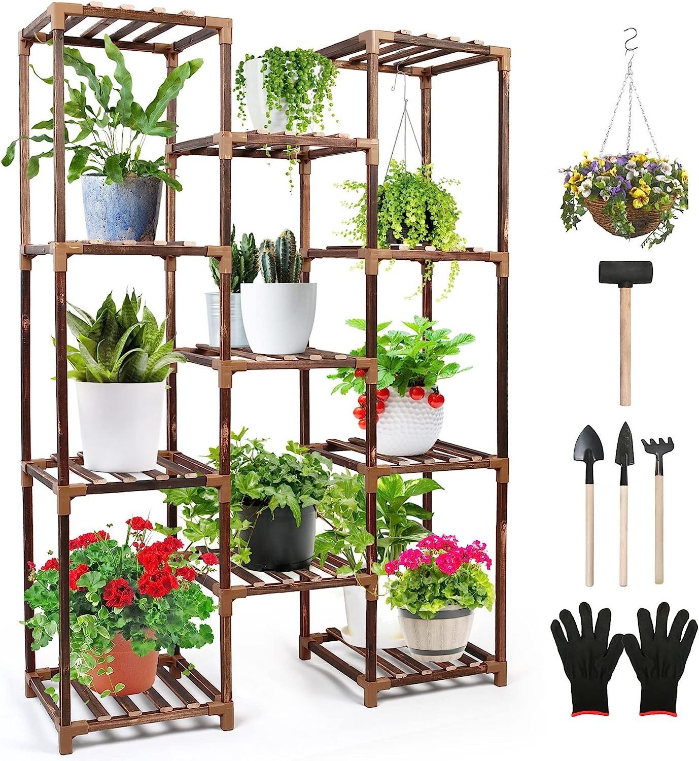 Plant Stand Indoor Outdoor, Large Tall Wood Plant Shelf for Multiple Plants, 3 Tiers 11 Potted Plant Display Rack Flower Stand