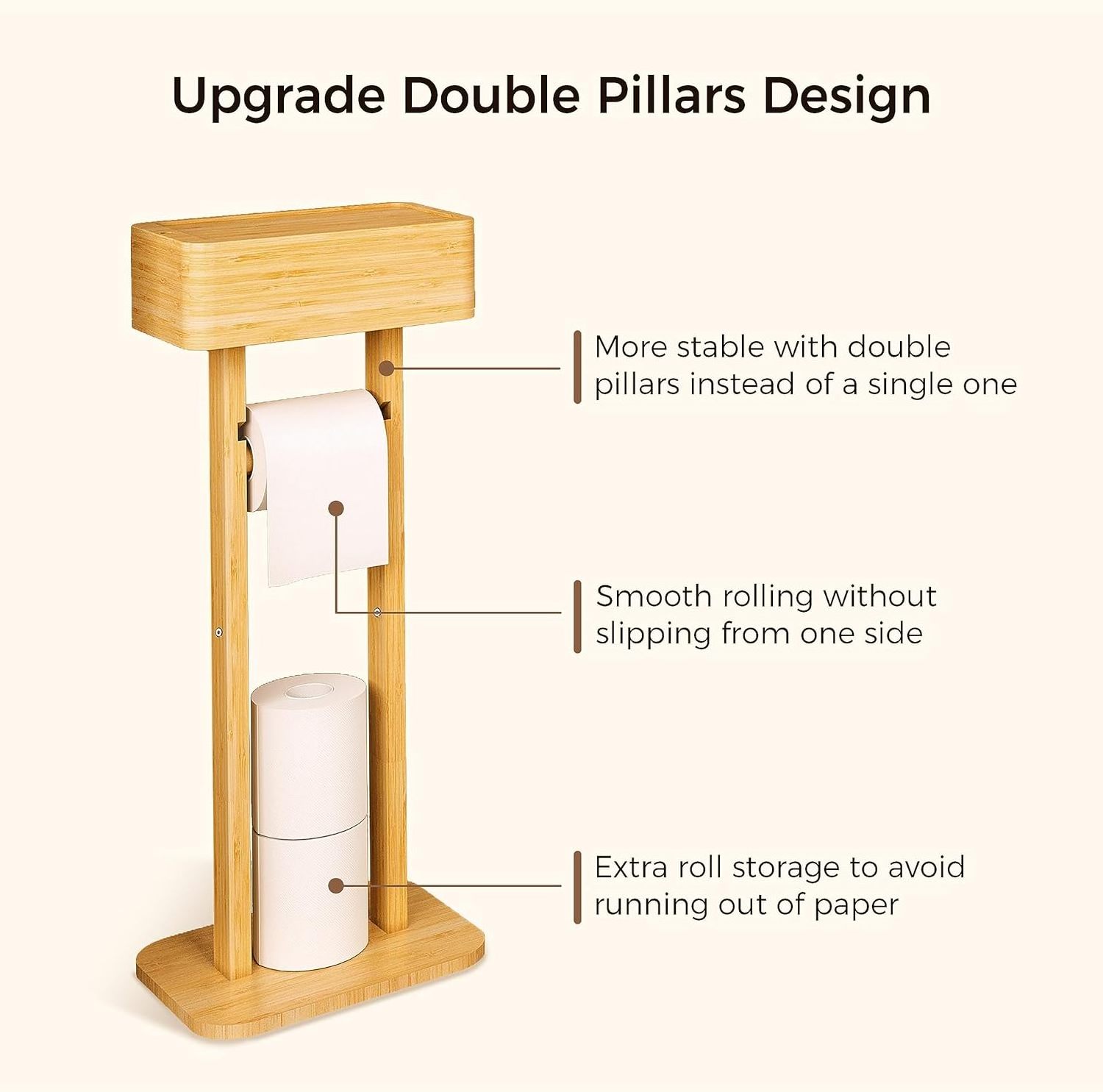 4-in-1 Toilet Paper Holder Stand with Storage Shelf Box, Bamboo Free Standing Toilet Tissue Paper Roll, Toilet Wipes Dispenser