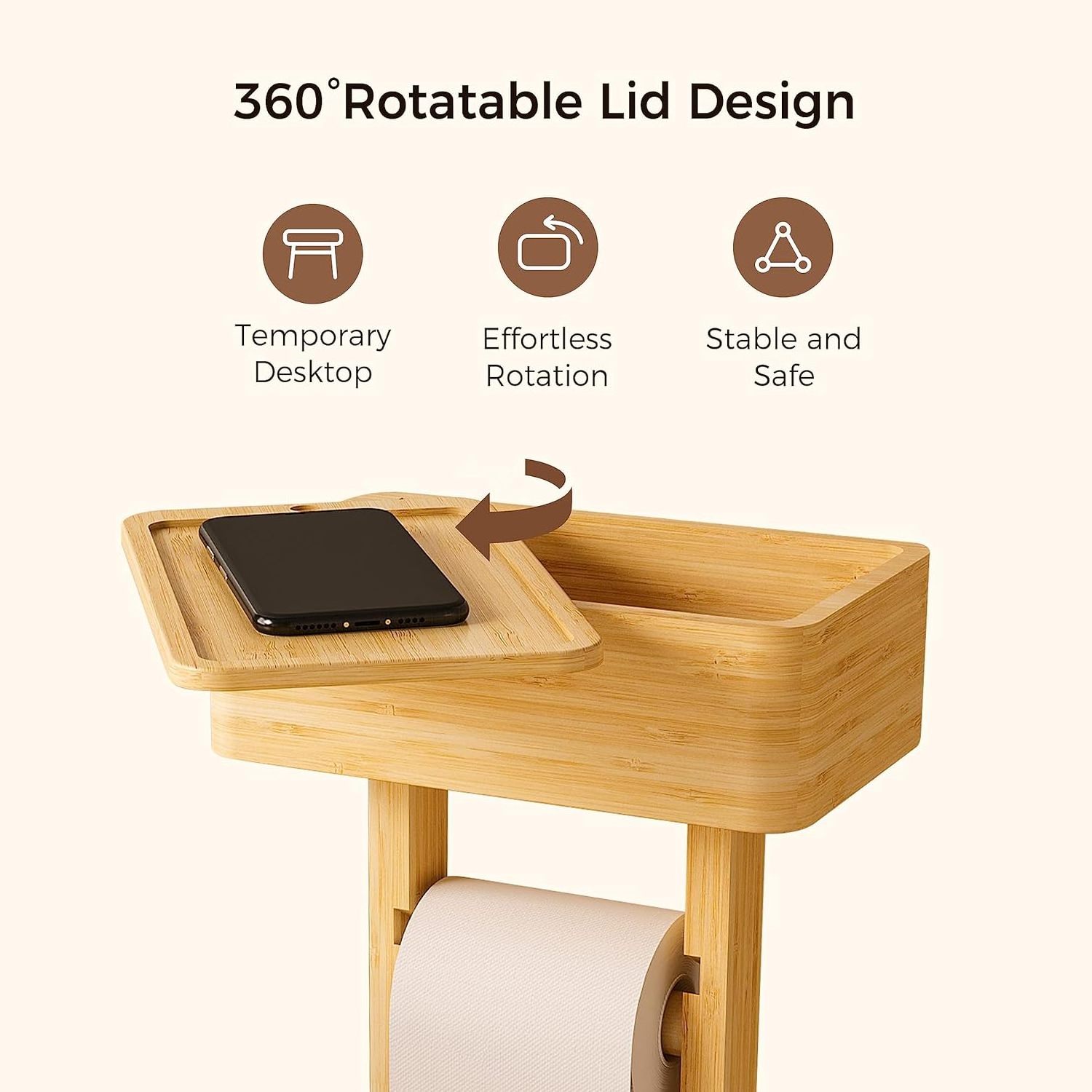 4-in-1 Toilet Paper Holder Stand with Storage Shelf Box, Bamboo Free Standing Toilet Tissue Paper Roll, Toilet Wipes Dispenser