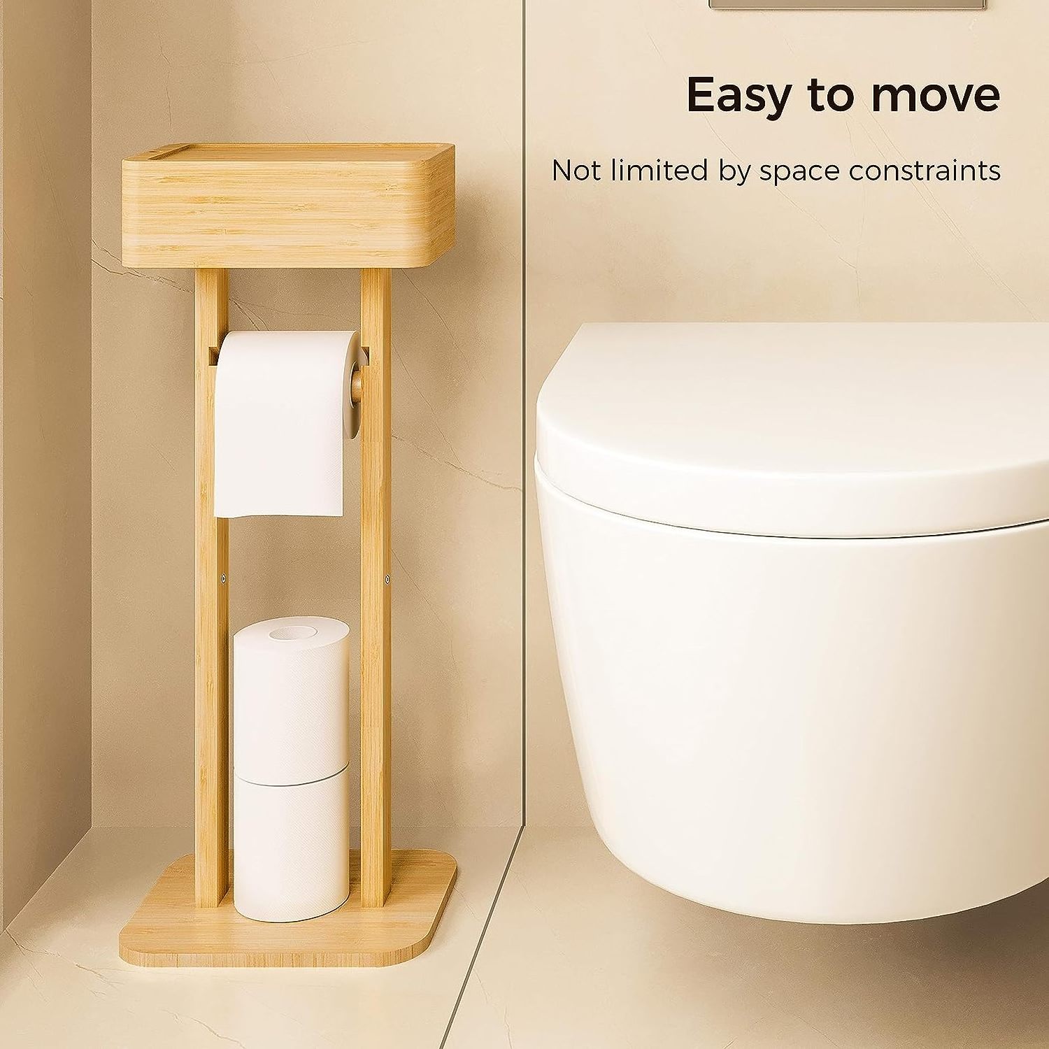 4-in-1 Toilet Paper Holder Stand with Storage Shelf Box, Bamboo Free Standing Toilet Tissue Paper Roll, Toilet Wipes Dispenser