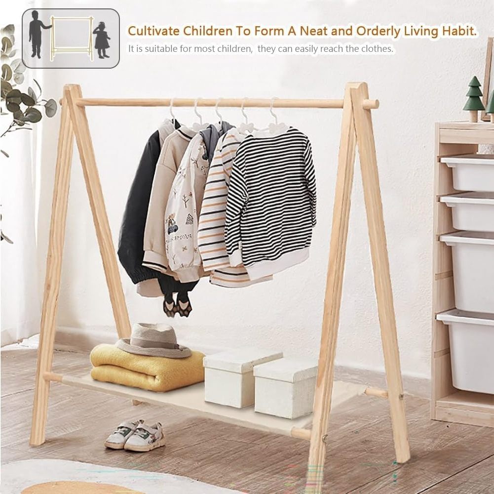 Rack clothes with Bottom Storage Shelf, Pine Wood, wooden hanging clothes rack for Kids