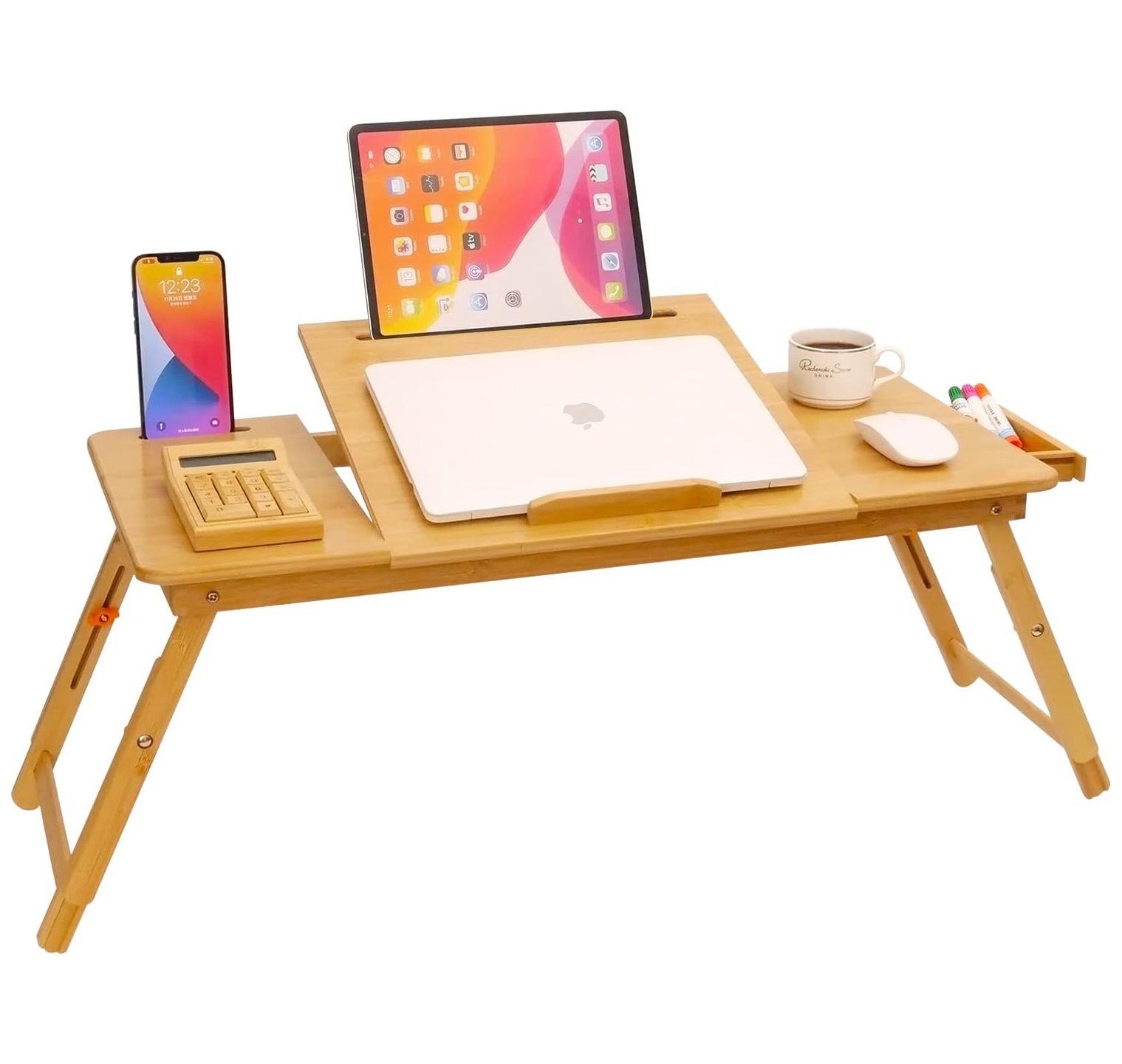 Bamboo Lap Desk with Tablet Slot Adjustable Height Angle Foldable Storage Drawer Portable Tray