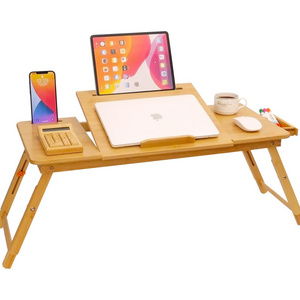 Bamboo Lap Desk with Tablet Slot Adjustable Height Angle Foldable Storage Drawer Portable Tray