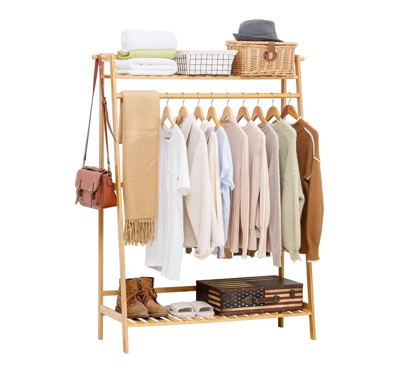 Bamboo gold clothing rack Hanging Heavy clothes hangers Rack with top Shelf and clothes rack for clothing store