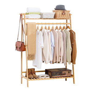 Bamboo gold clothing rack Hanging Heavy clothes hangers Rack with top Shelf and clothes rack for clothing store