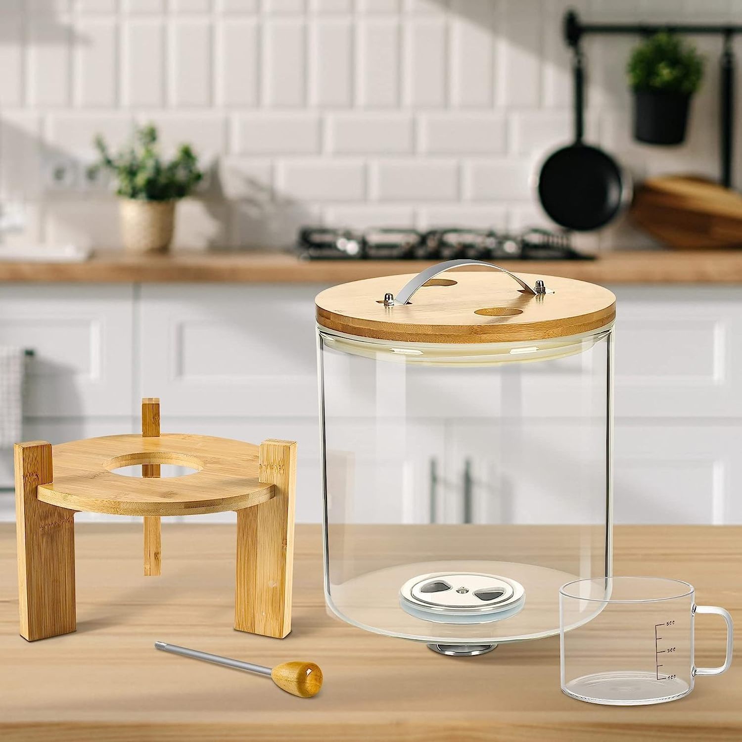 Rice Dispenser, Rice Storage Container,Flour and Cereal Container with Airtight Lid and Wooden Stand