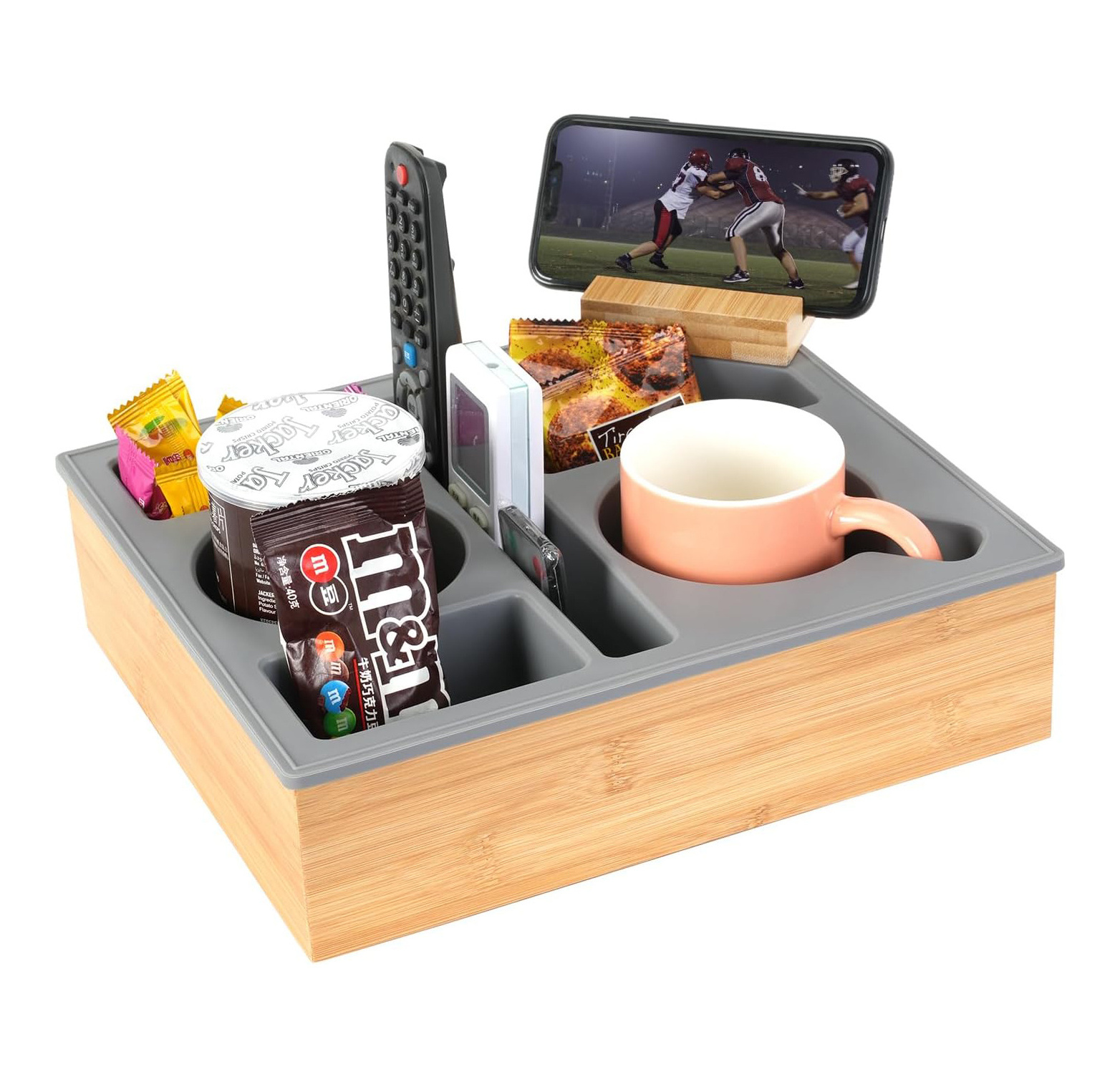 Couch Cup Holder Tray, Handy Silicone Bamboo Couch Caddy with Rotatable Phone Holder