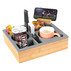 Couch Cup Holder Tray, Handy Silicone Bamboo Couch Caddy with Rotatable Phone Holder