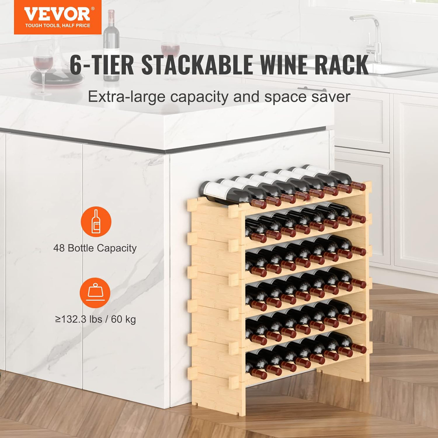 48 Bottle Stackable Modular wine rack wood, 6-Tier Solid bamboo wine rack, Floor Freestanding wood wine rack