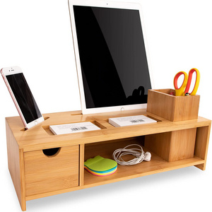 Bamboo Desktop Organizer Home Office Bamboo Desk With Pen Holder, Accessories Drawer, Shelf Organizer