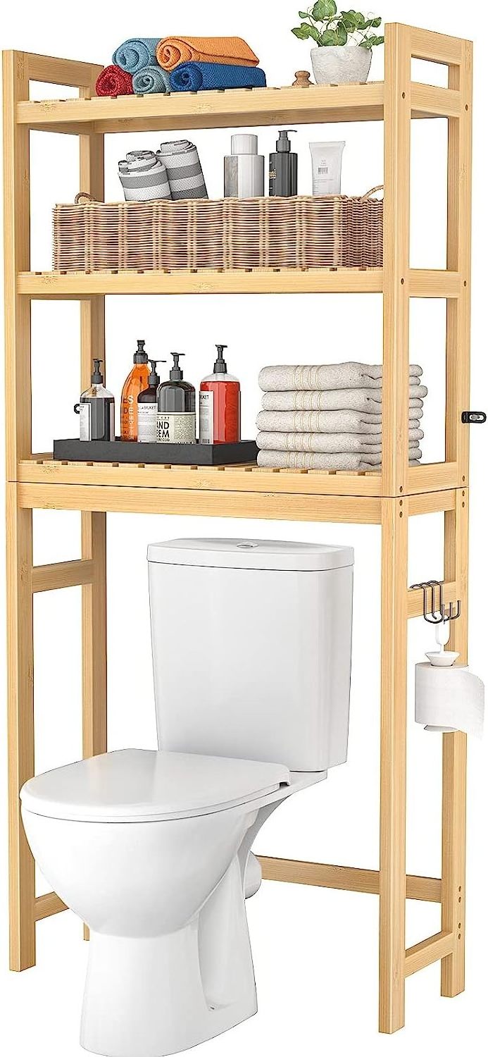 Over The Toilet Storage, 3-Tier Bamboo Bathroom Shelf with 3 Hooks, Above Toilet Organizer Rack Freestanding for Small Space, Re