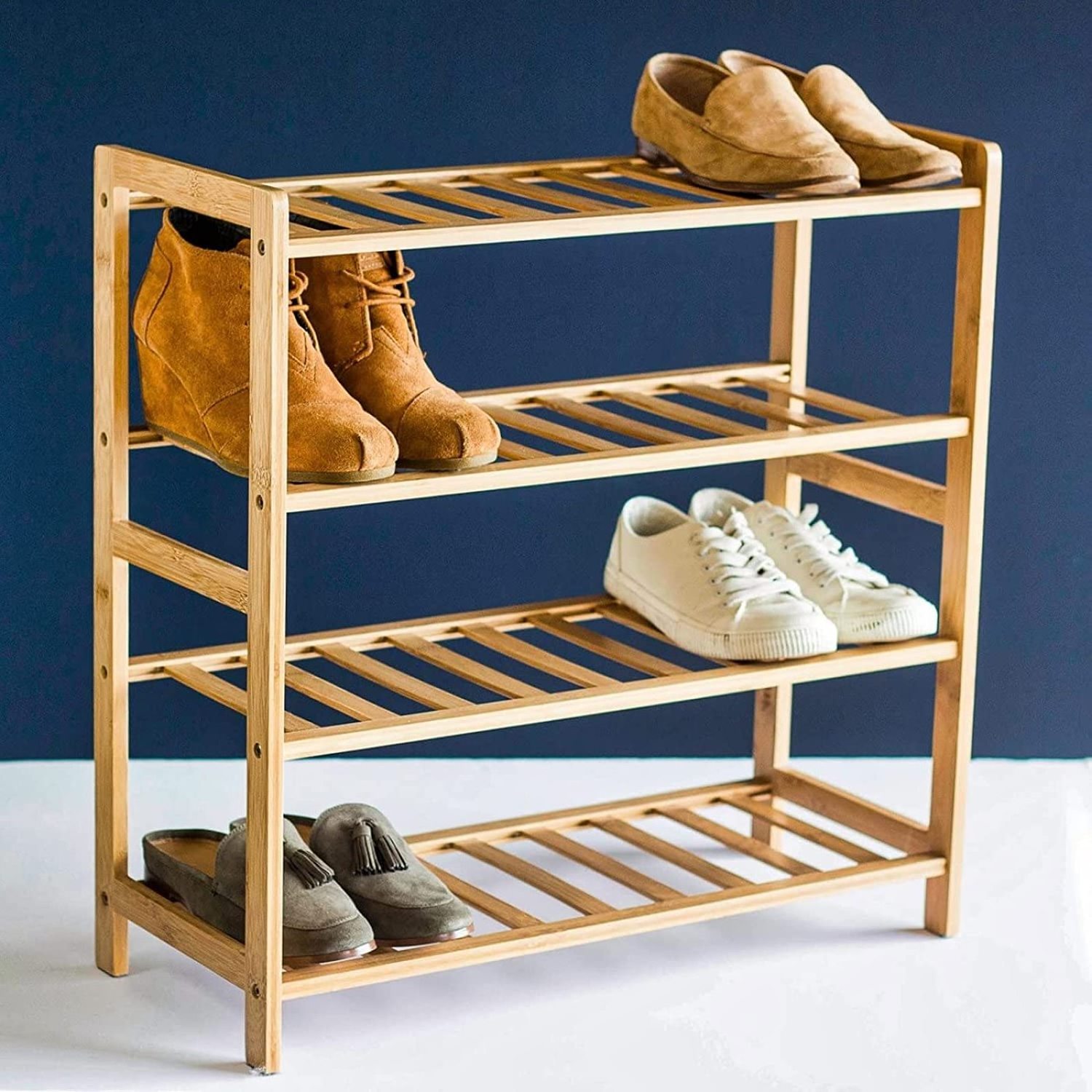 Industrial Shoe Rack for Entryway Closet, 2 Tier Small Shoes Rack Organizer Wooden Rustic Shoe Shelf with Metal Tube, Free Stand