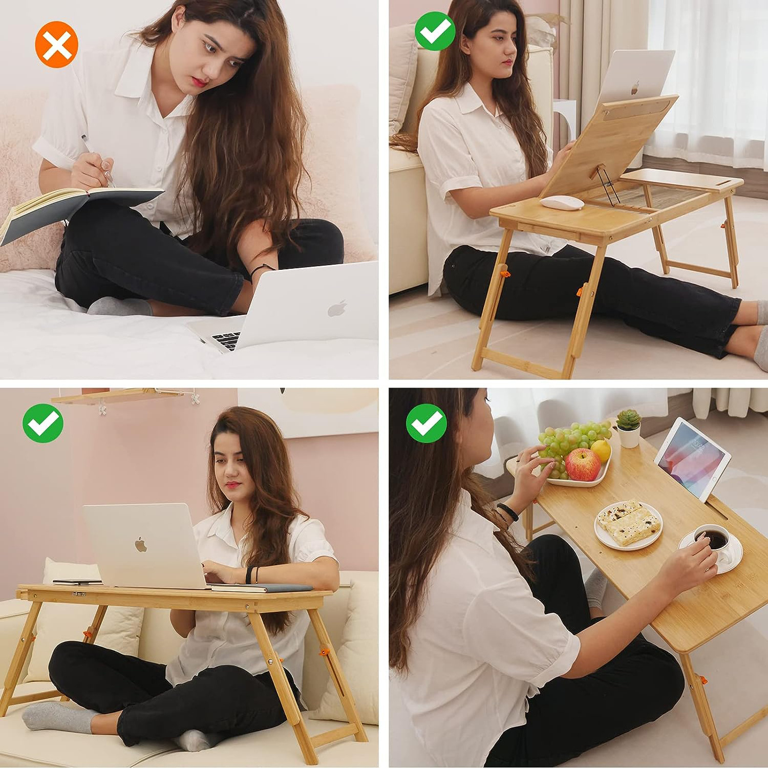 Bamboo Lap Desk with Tablet Slot Adjustable Height Angle Foldable Storage Drawer Portable Tray