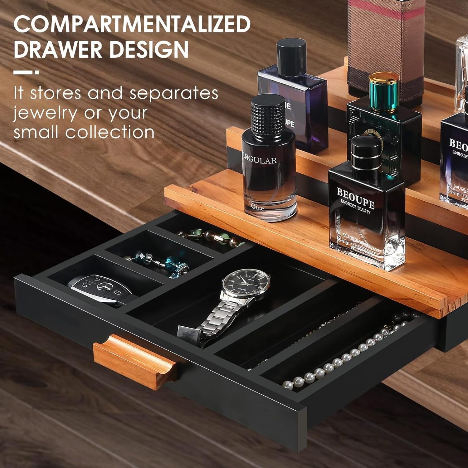 Wooden Cologne Organizer for Men 3 Tier Elevated Perfume Display Shelf with Drawer and Hidden Compartment