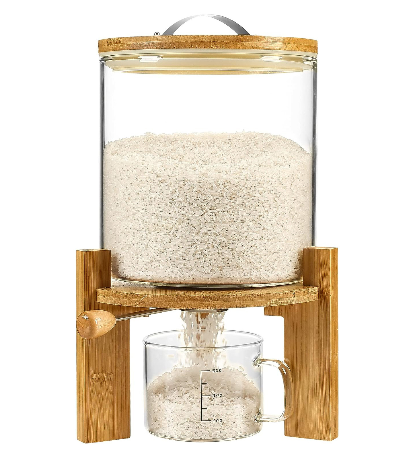 Rice Dispenser, Rice Storage Container,Flour and Cereal Container with Airtight Lid and Wooden Stand