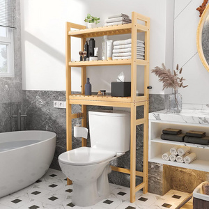 Over The Toilet Storage, 3-Tier Bamboo Bathroom Shelf with 3 Hooks, Above Toilet Organizer Rack Freestanding for Small Space, Re