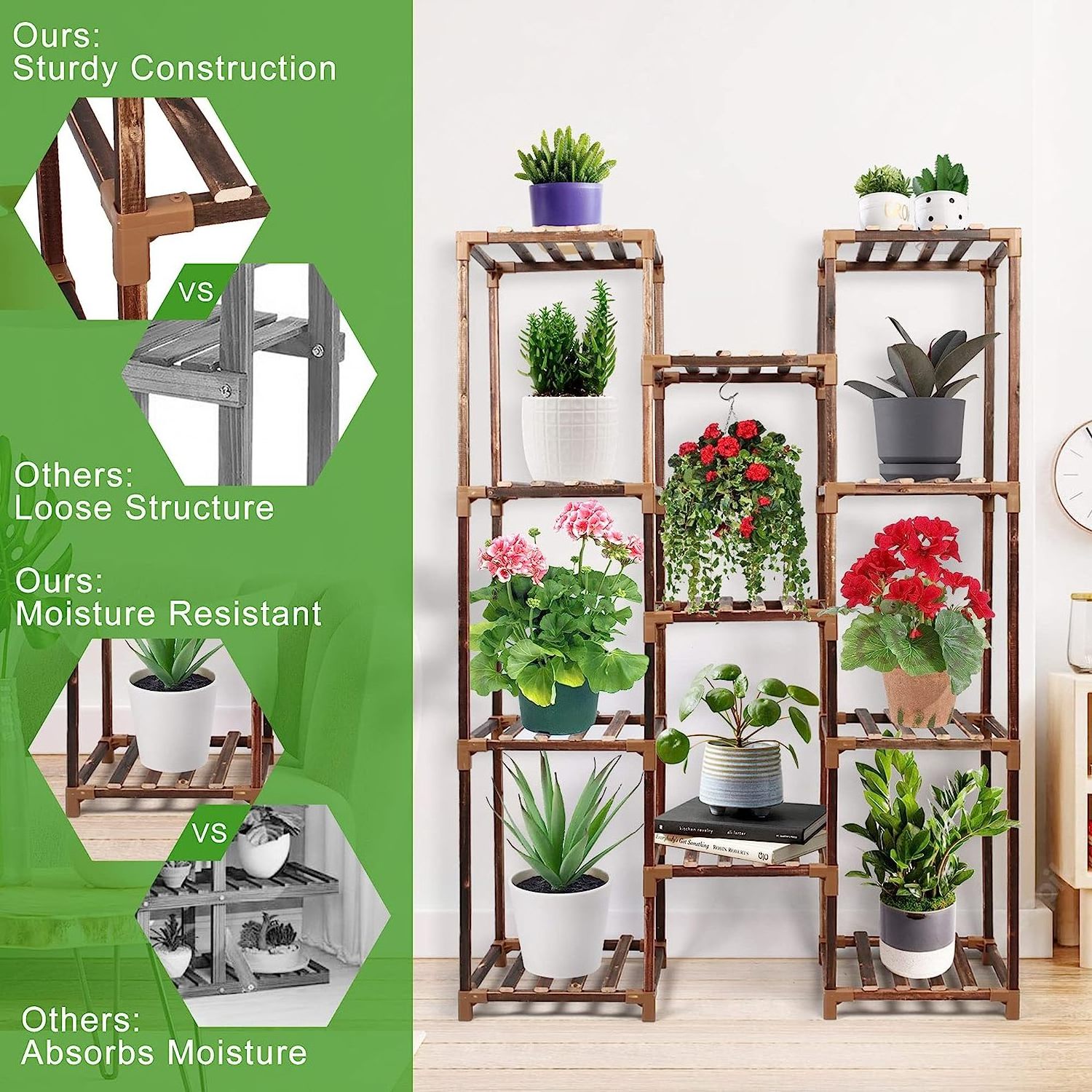 Plant Stand Indoor Outdoor, Large Tall Wood Plant Shelf for Multiple Plants, 3 Tiers 11 Potted Plant Display Rack Flower Stand