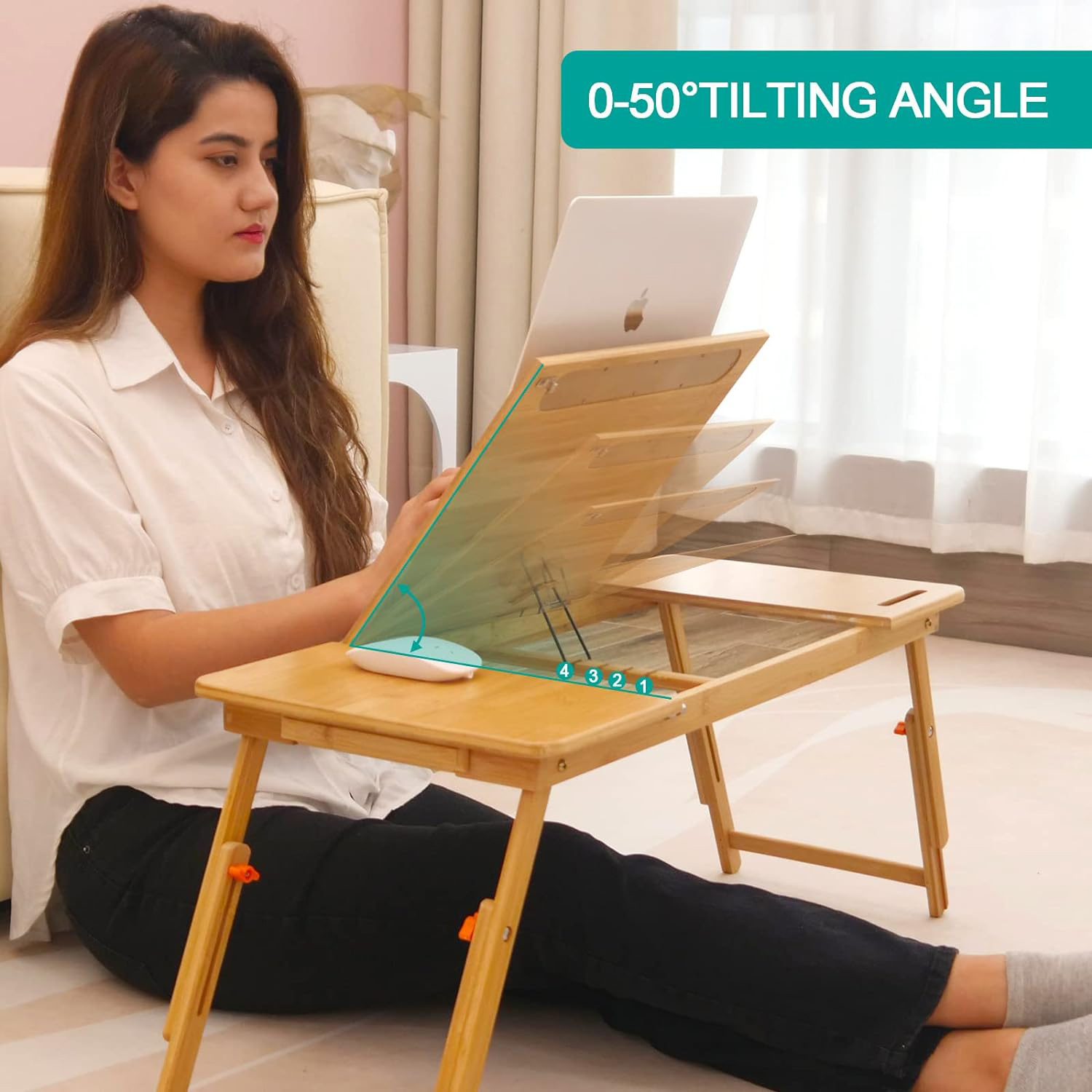 Bamboo Lap Desk with Tablet Slot Adjustable Height Angle Foldable Storage Drawer Portable Tray