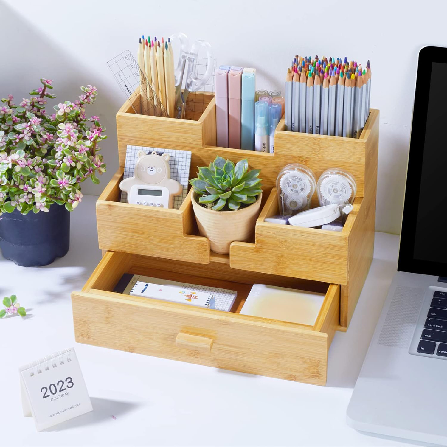 Bamboo desk organizer with Drawers - Wooden office desk organizer - Table Top Organizer for Office Supplies