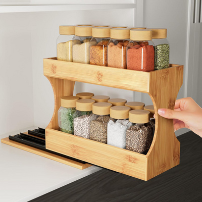 Bamboo Spice Rack Organizer for Cabinet, 2-Tier Pull Out Spice Rack, Tool-Free Install Slide Out Vertical Seasoning