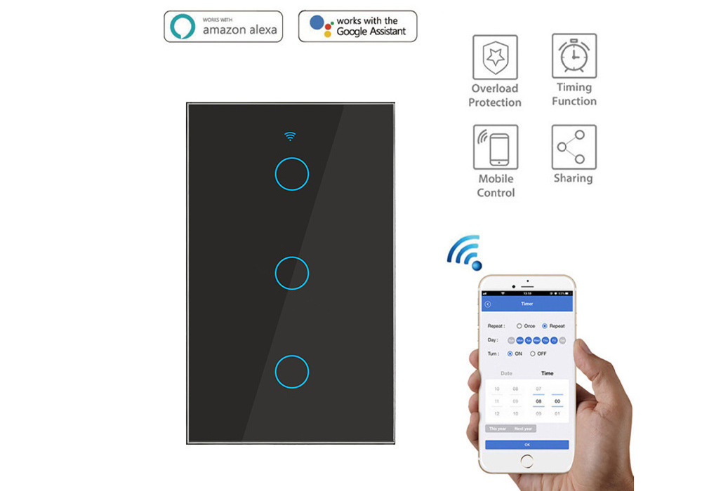 TUYA US Wifi Smart Light Switch Glass Screen No null wire Touch Panel Voice Control Wireless Wall Switches Remote