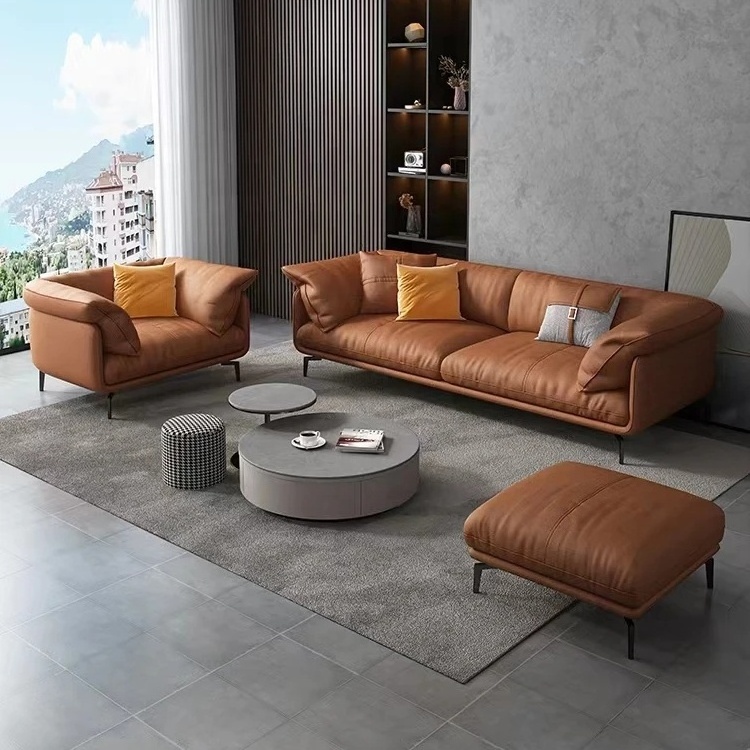 Nordic Salon 2 Seater Modern Design Luxury Furniture Brown Leather Loveseat Sofa Set