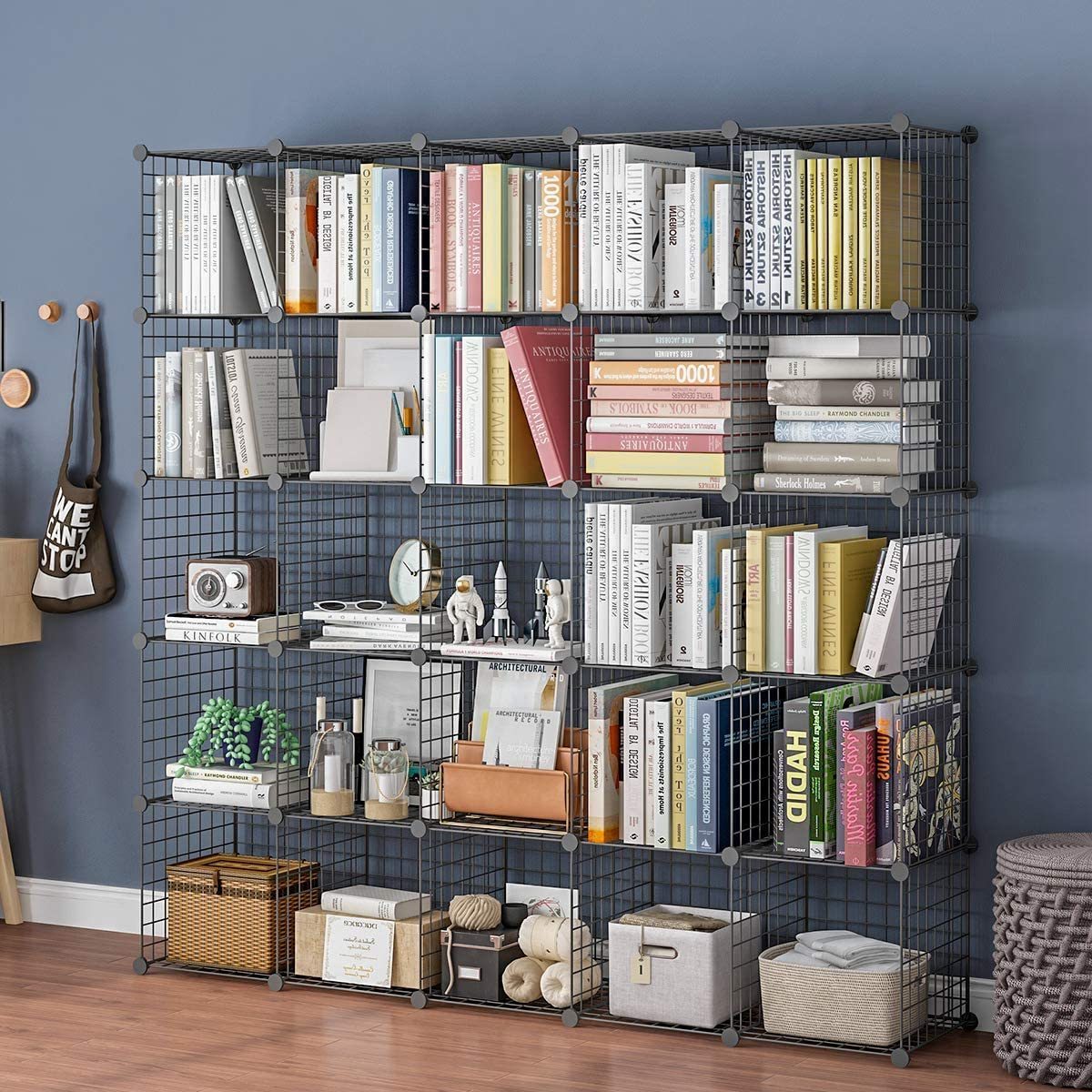 Wire Cube Storage Organizer 4 Cube Metal Grid Storage Bins Shelving Bookshelf Shelves DIY Closet Cabinet for Living Room Office