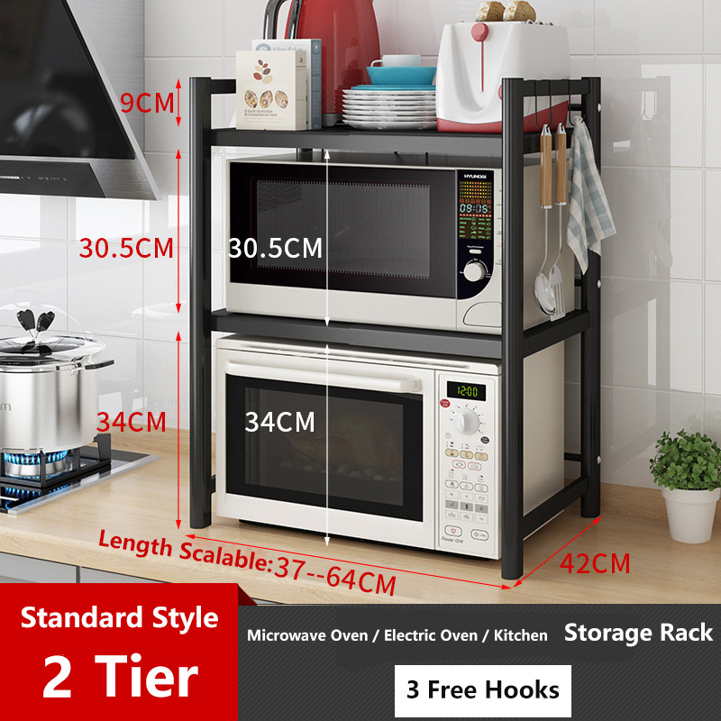 Extendable Microwave Oven Rack Shelf stand with 2 Tiers Storage Shelving Unit - Expandable Length & Height - with 3 Hooks