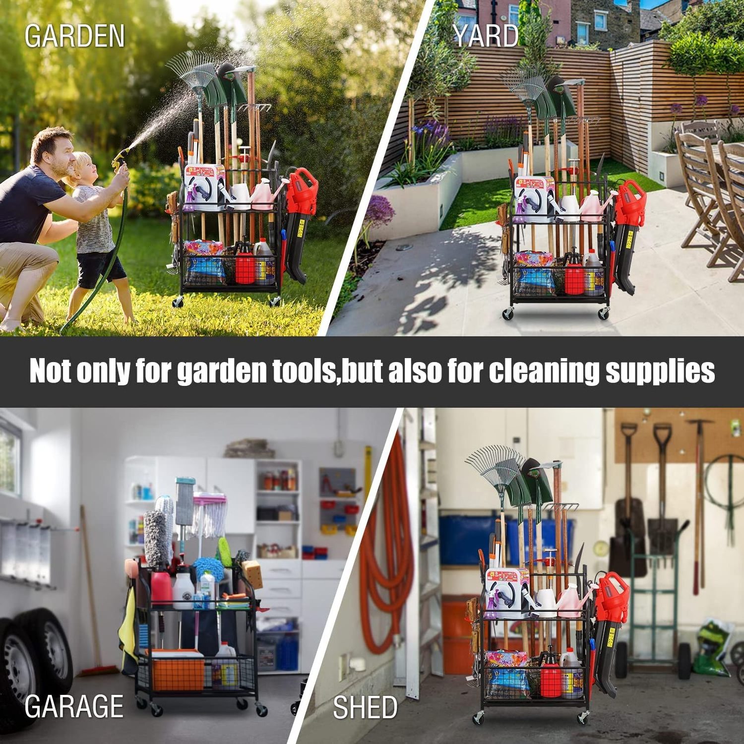 Garden Tool Organizer for Garage-Yard Tool Racks with Wheels, Garage Organizers and Storage Hold Garden Tools, Yard Tool Holder