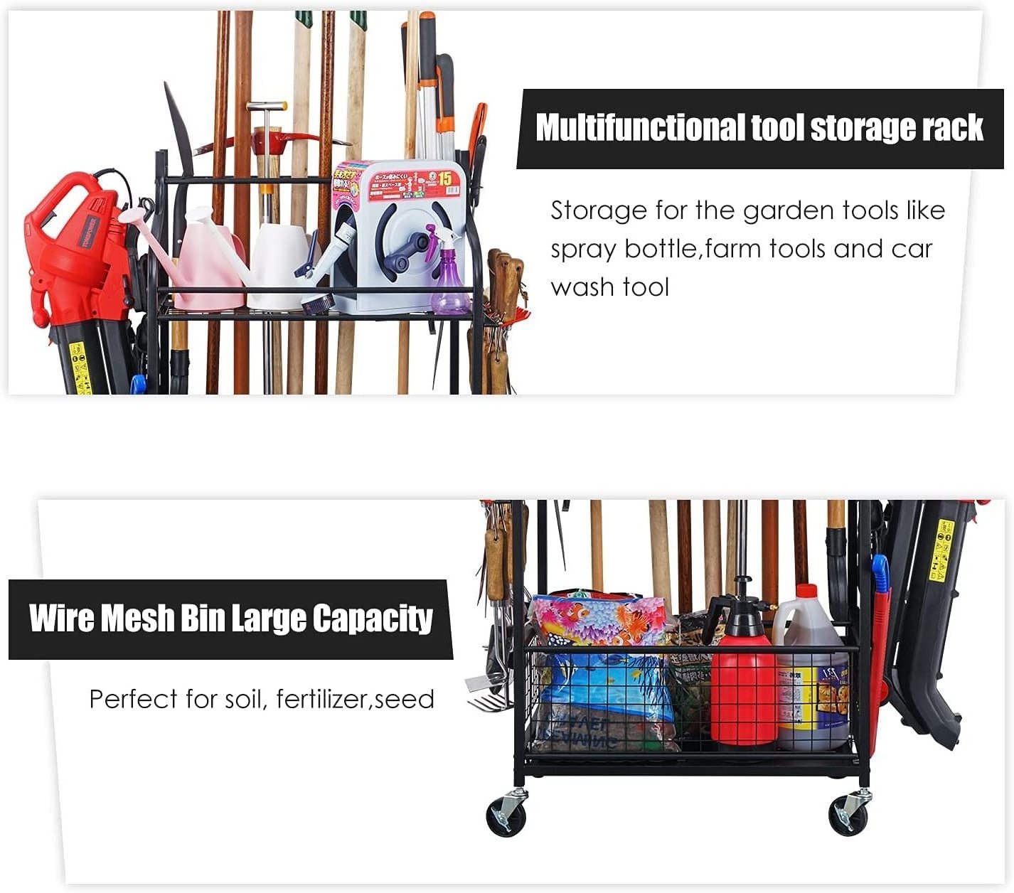 Garden Tool Organizer for Garage-Yard Tool Racks with Wheels, Garage Organizers and Storage Hold Garden Tools, Yard Tool Holder