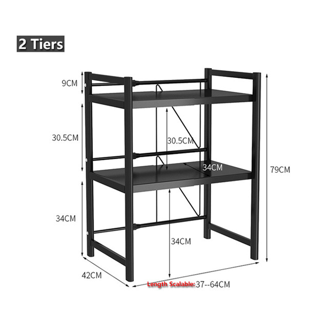 Extendable Microwave Oven Rack Shelf stand with 2 Tiers Storage Shelving Unit - Expandable Length & Height - with 3 Hooks