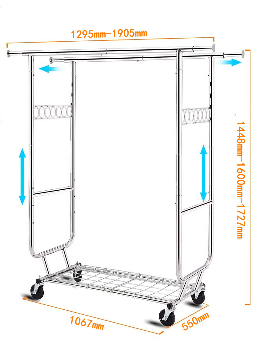 Commercial Grade Clothing Garment Racks Heavy Duty Double Rails Adjustable Collapsible Rolling Clothes Rack on Wheels, Chrome