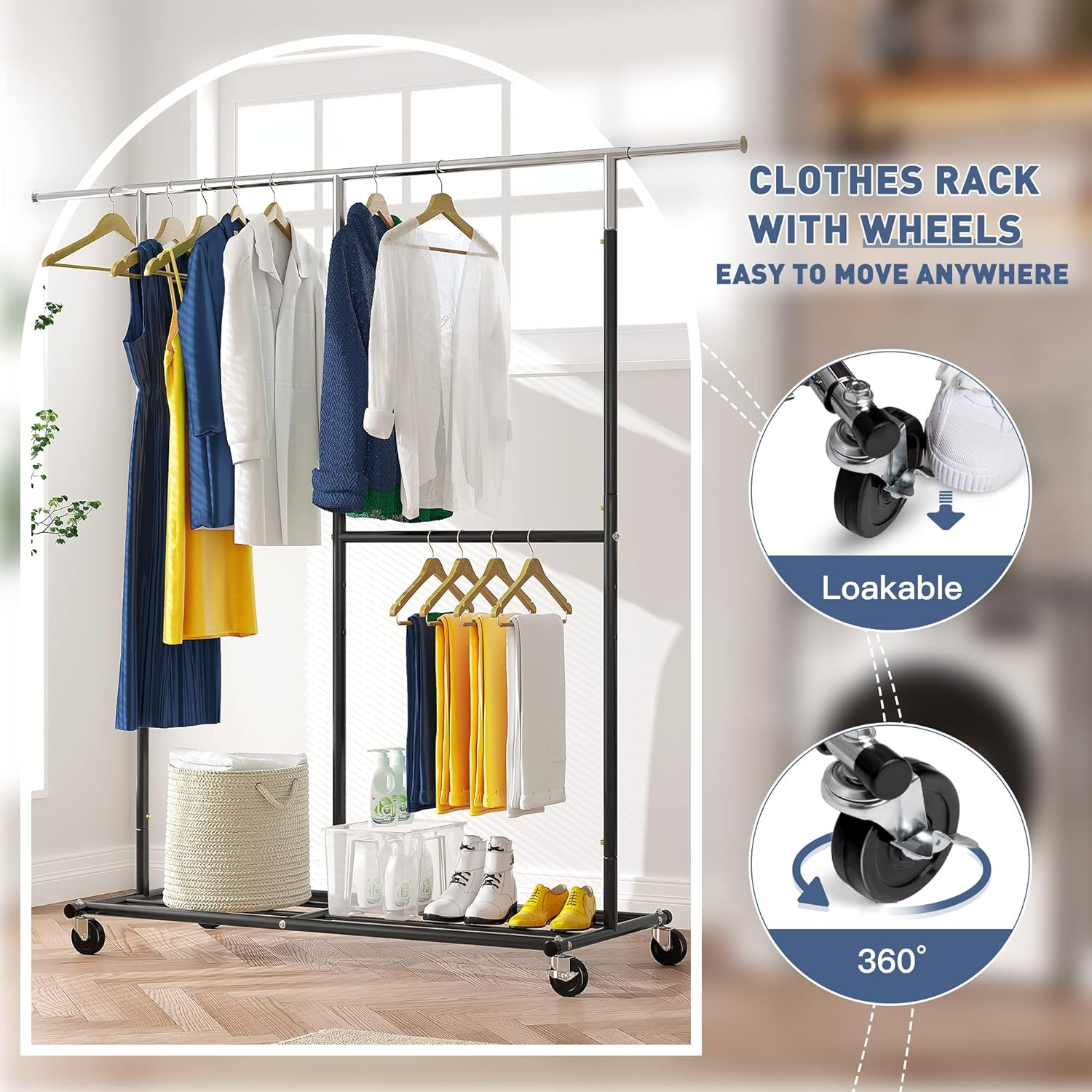 Rolling Clothes Rack with Wheels Garment Rack Heavy Duty Clothing Hanging Rack with Shelves Portable Clothes Display