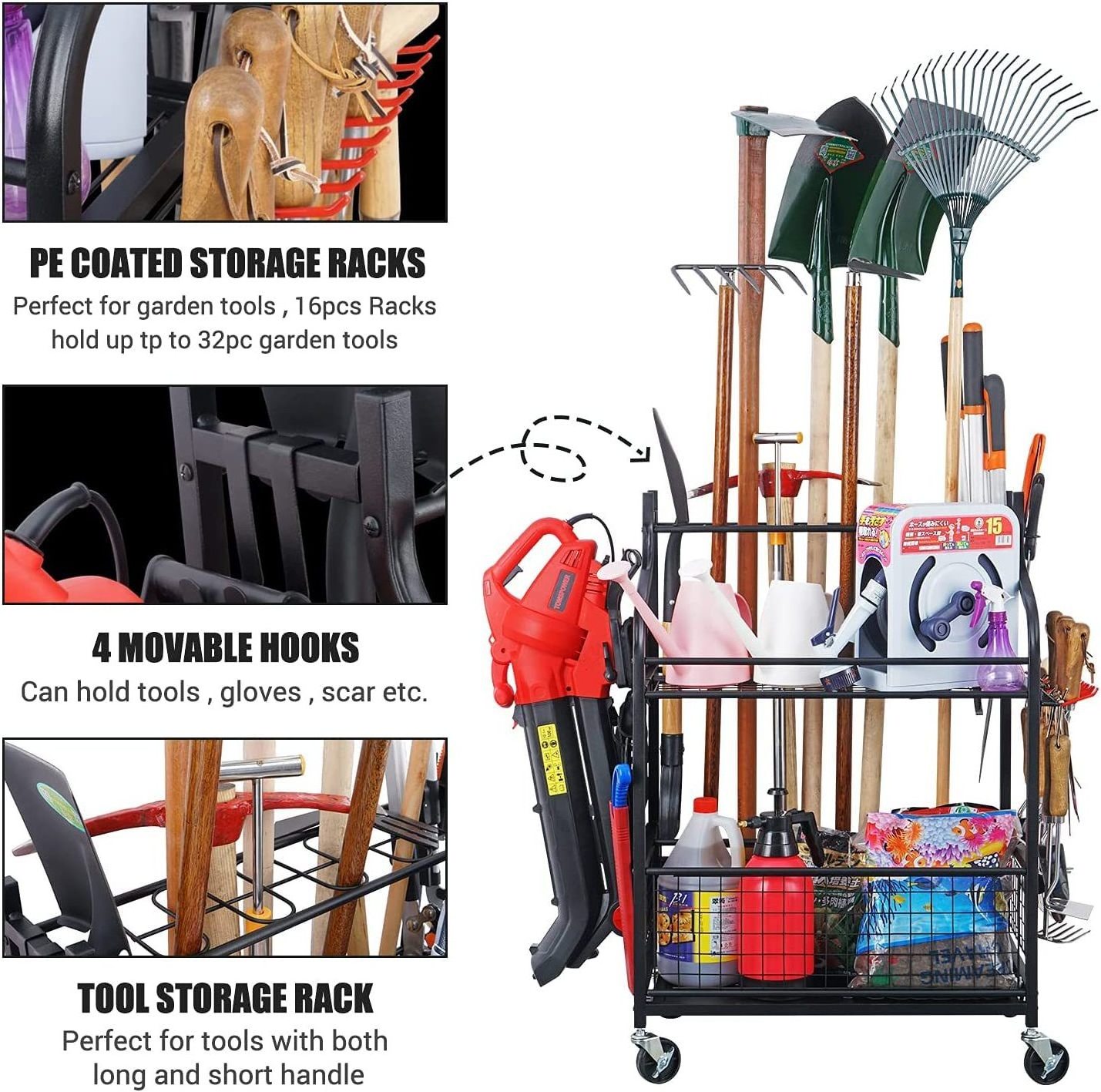 Garden Tool Organizer for Garage-Yard Tool Racks with Wheels, Garage Organizers and Storage Hold Garden Tools, Yard Tool Holder