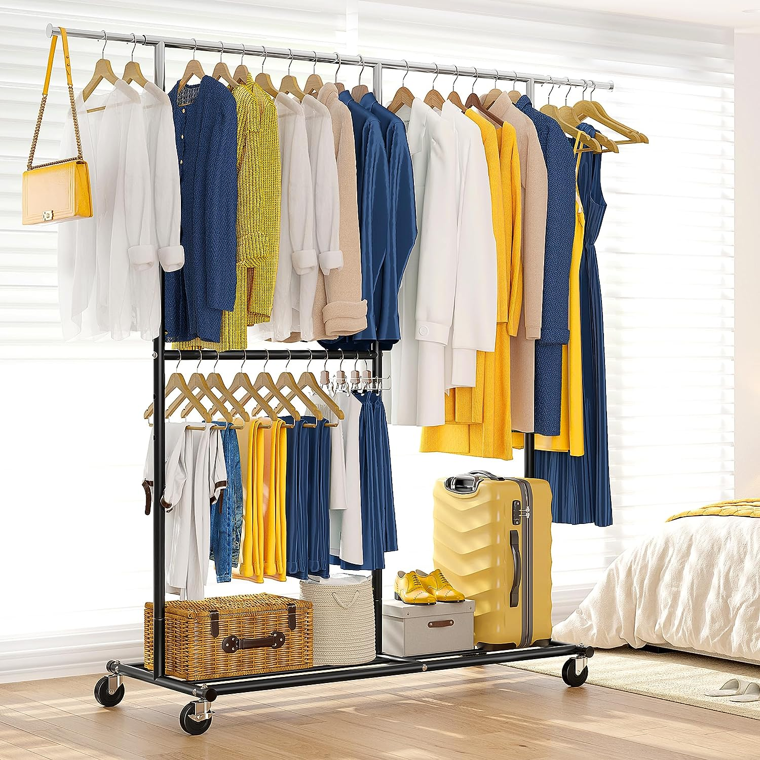 Rolling Clothes Rack with Wheels Garment Rack Heavy Duty Clothing Hanging Rack with Shelves Portable Clothes Display