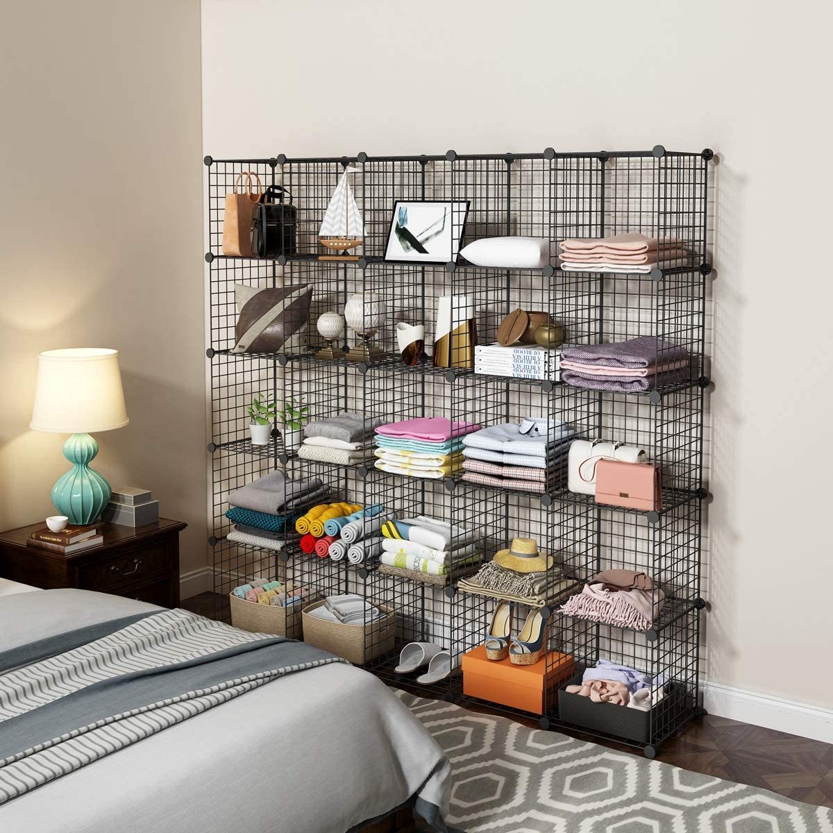 Wire Cube Storage Organizer 4 Cube Metal Grid Storage Bins Shelving Bookshelf Shelves DIY Closet Cabinet for Living Room Office