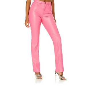 breathable Plain Pink Color Custom Leather Pant Windproof tight trouser Style Legging Leather Pant For Ladies